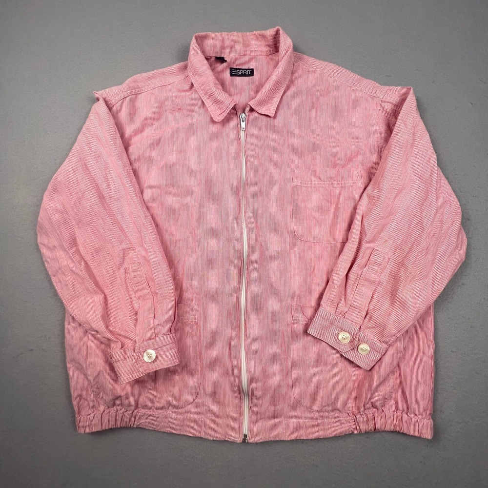 VTG 90s Esprit Jacket Womens Red Pinstripe Cotton Linen Zip Up Bomber Coat